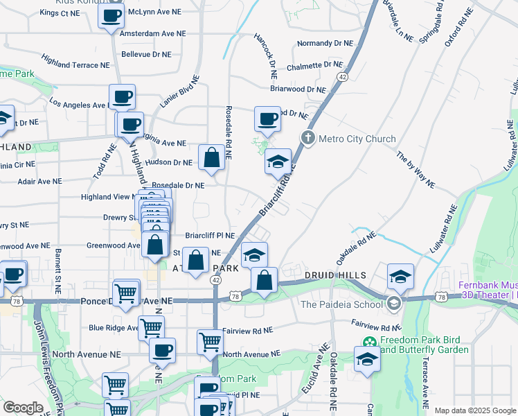 map of restaurants, bars, coffee shops, grocery stores, and more near 872 Briarcliff Road Northeast in Atlanta