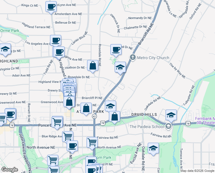 map of restaurants, bars, coffee shops, grocery stores, and more near 872 Briarcliff Road Northeast in Atlanta