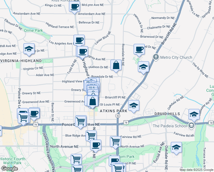 map of restaurants, bars, coffee shops, grocery stores, and more near 875 Arlington Place Northeast in Atlanta
