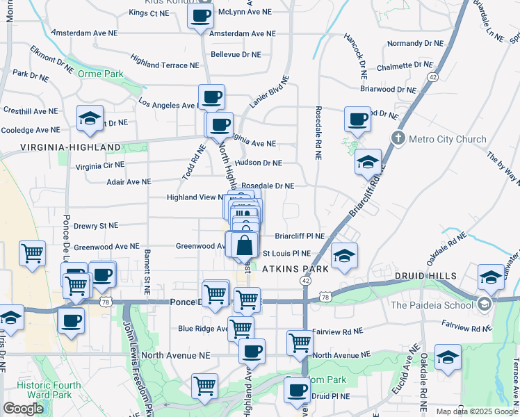map of restaurants, bars, coffee shops, grocery stores, and more near 880 Arlington Place Northeast in Atlanta
