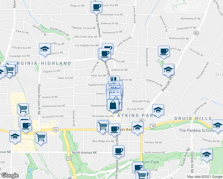 map of restaurants, bars, coffee shops, grocery stores, and more near 1016 Drewry Street Northeast in Atlanta