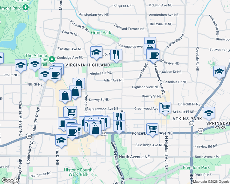 map of restaurants, bars, coffee shops, grocery stores, and more near 845 Ponce De Leon Terrace Northeast in Atlanta