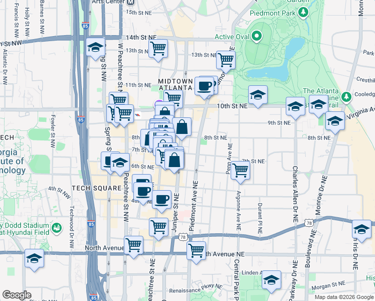 map of restaurants, bars, coffee shops, grocery stores, and more near in Atlanta