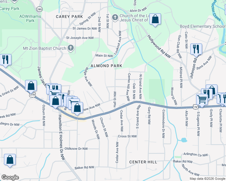 map of restaurants, bars, coffee shops, grocery stores, and more near 864 Hall Street Northwest in Atlanta