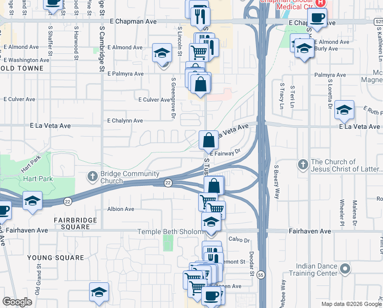 map of restaurants, bars, coffee shops, grocery stores, and more near 1543 East Fairway Drive in Orange