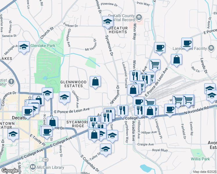 map of restaurants, bars, coffee shops, grocery stores, and more near 219 Hillcrest Avenue in Decatur