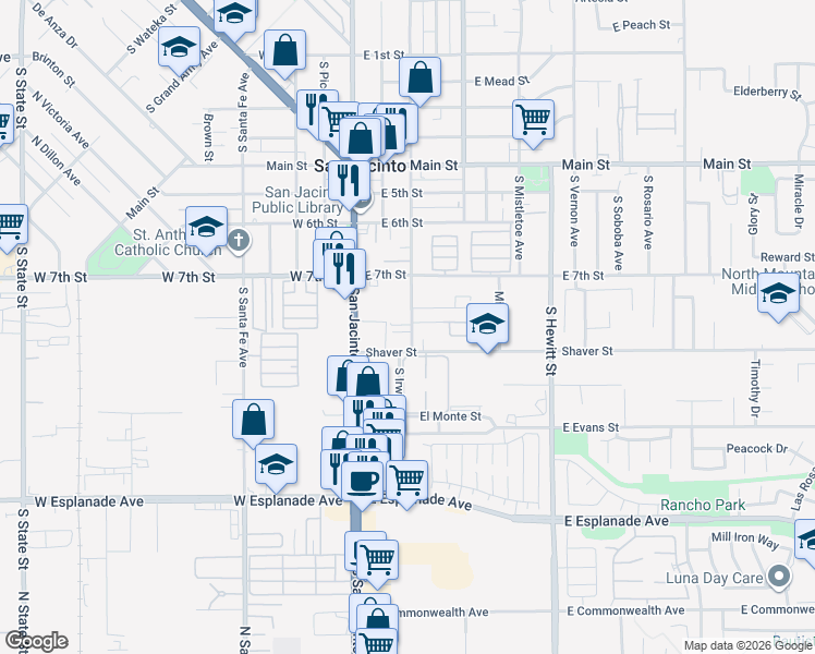 map of restaurants, bars, coffee shops, grocery stores, and more near 756 South Jordan Avenue in San Jacinto