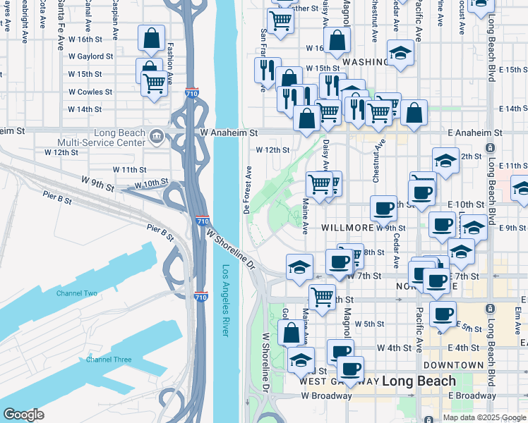 map of restaurants, bars, coffee shops, grocery stores, and more near 968 North Loma Vista Drive in Long Beach