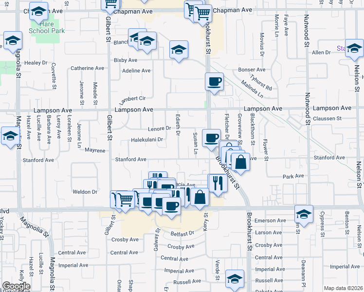 map of restaurants, bars, coffee shops, grocery stores, and more near 12691 Edieth Drive in Garden Grove