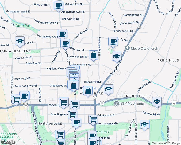 map of restaurants, bars, coffee shops, grocery stores, and more near 1165 Briarcliff Court Northeast in Atlanta