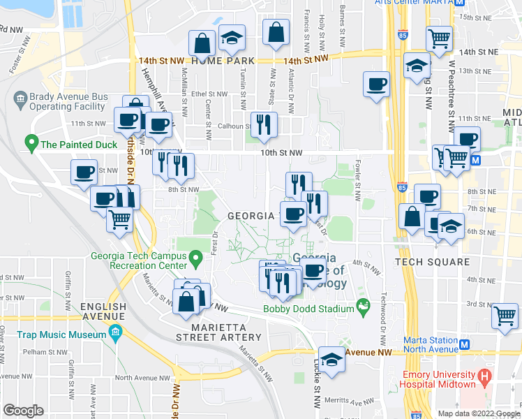 map of restaurants, bars, coffee shops, grocery stores, and more near 422 Ferst Drive Northwest in Atlanta