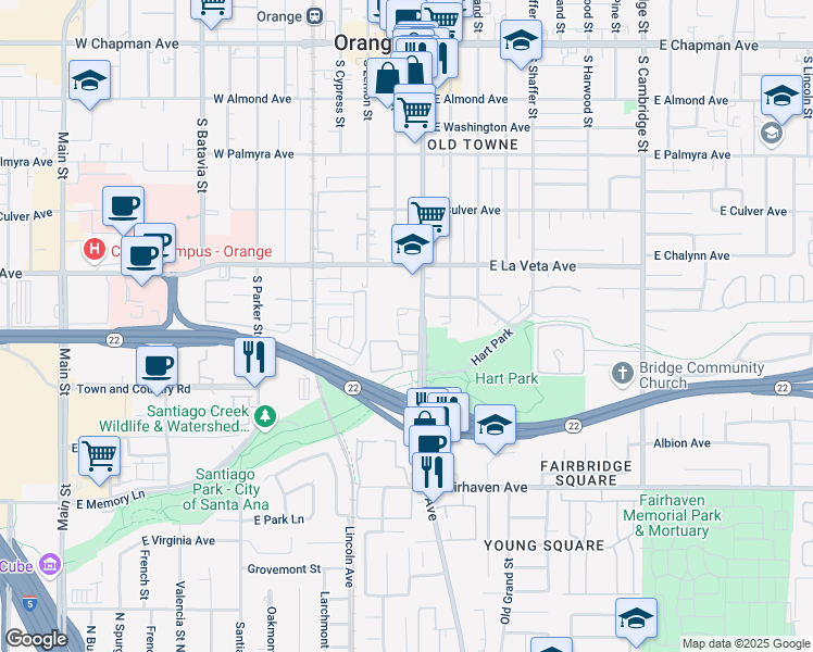 map of restaurants, bars, coffee shops, grocery stores, and more near 620 South Glassell Street in Orange
