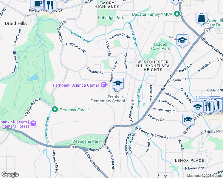map of restaurants, bars, coffee shops, grocery stores, and more near 157 Heaton Park Drive in Decatur