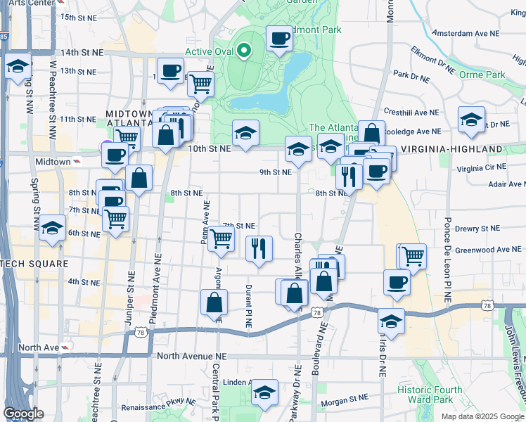 map of restaurants, bars, coffee shops, grocery stores, and more near 374 7th Street Northeast in Atlanta