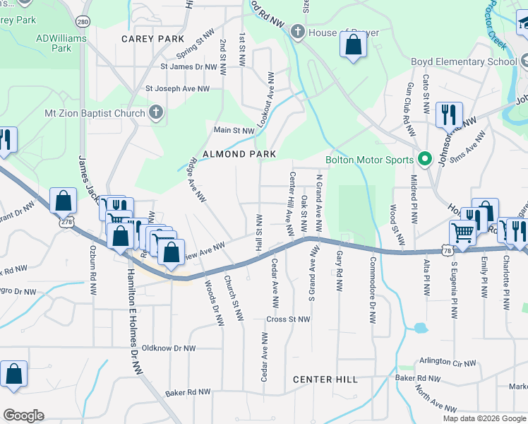 map of restaurants, bars, coffee shops, grocery stores, and more near 865 Hall Street Northwest in Atlanta
