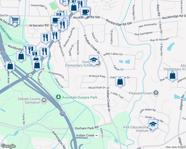 map of restaurants, bars, coffee shops, grocery stores, and more near 3916 West Wood Path in Stone Mountain