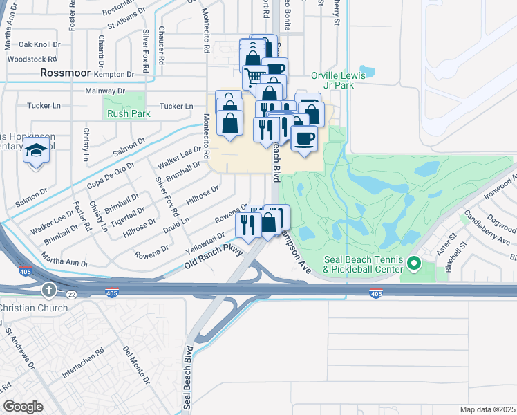map of restaurants, bars, coffee shops, grocery stores, and more near 3391 Yellowtail Drive in Rossmoor