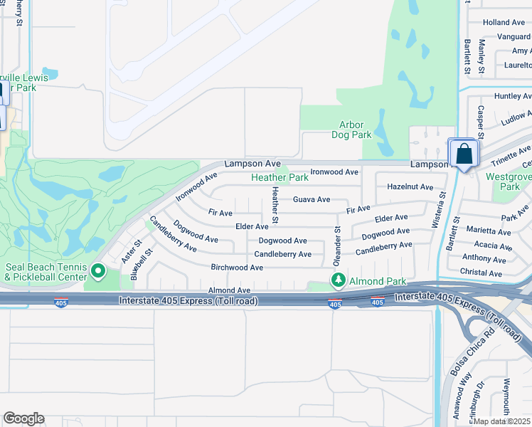 map of restaurants, bars, coffee shops, grocery stores, and more near 3790 Goldenrod Street in Seal Beach
