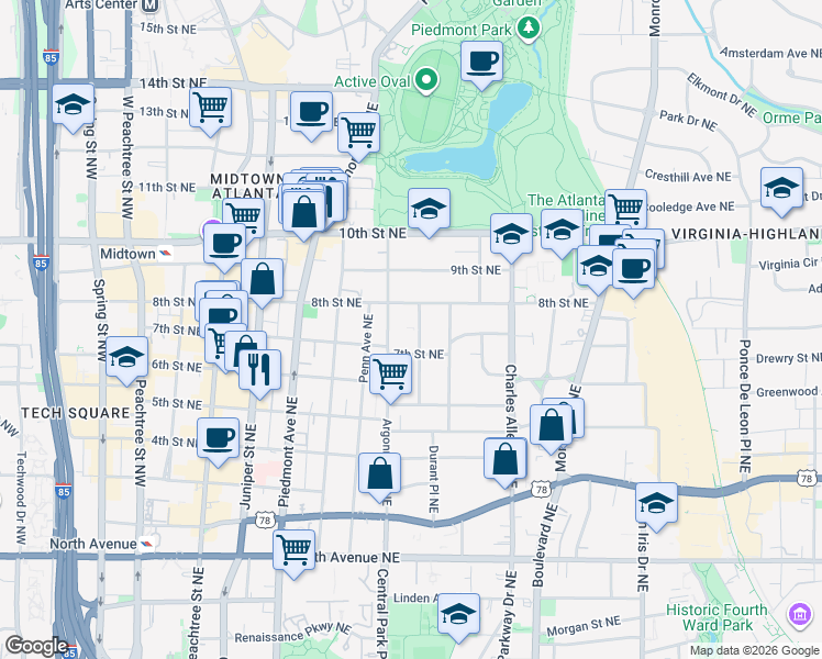 map of restaurants, bars, coffee shops, grocery stores, and more near 870 Glendale Terrace Northeast in Atlanta