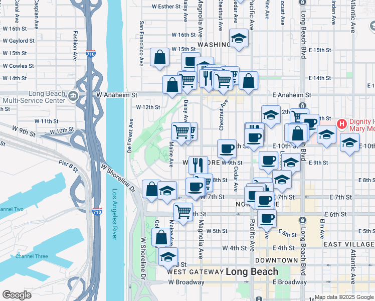 map of restaurants, bars, coffee shops, grocery stores, and more near 946 Daisy Avenue in Long Beach