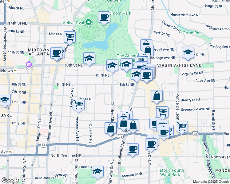 map of restaurants, bars, coffee shops, grocery stores, and more near 877 Charles Allen Drive Northeast in Atlanta