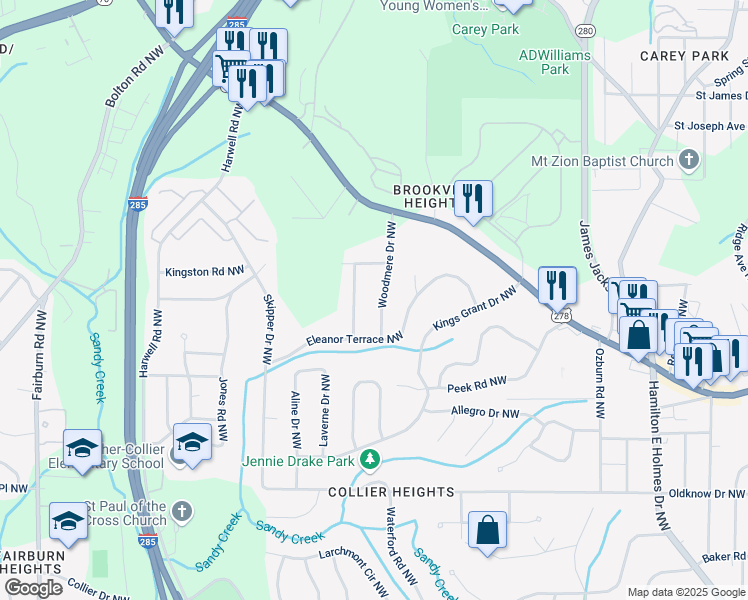 map of restaurants, bars, coffee shops, grocery stores, and more near 866 Woodmere Drive Northwest in Atlanta