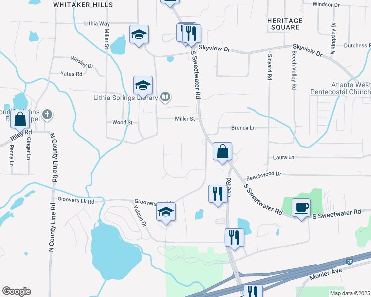 map of restaurants, bars, coffee shops, grocery stores, and more near 982 Topaz Lane in Lithia Springs