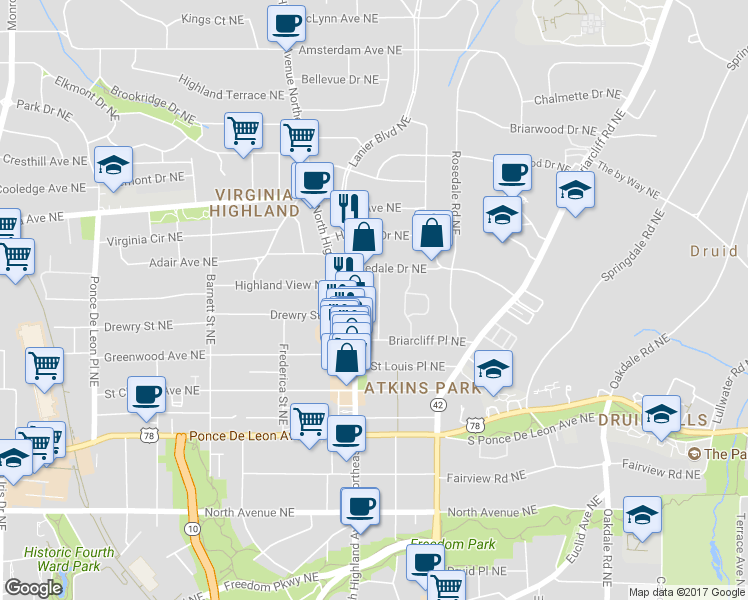 map of restaurants, bars, coffee shops, grocery stores, and more near 880 Arlington Place Northeast in Atlanta