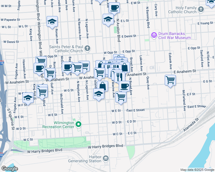 map of restaurants, bars, coffee shops, grocery stores, and more near 221 West G Street in Los Angeles