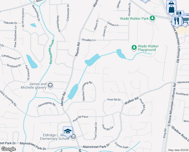 map of restaurants, bars, coffee shops, grocery stores, and more near 5227 Selene Dr in Stone Mountain