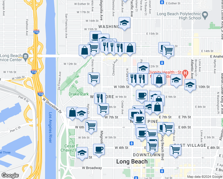 map of restaurants, bars, coffee shops, grocery stores, and more near 943 Chestnut Avenue in Long Beach