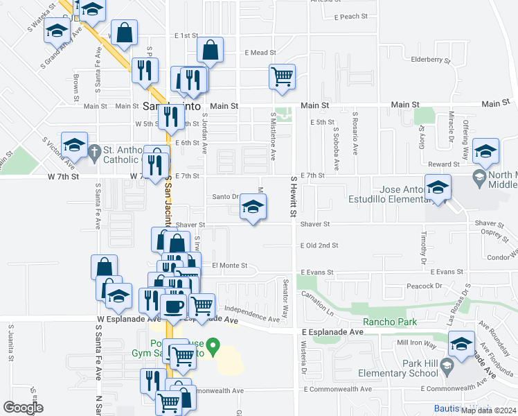 map of restaurants, bars, coffee shops, grocery stores, and more near 824 Minor Street in San Jacinto