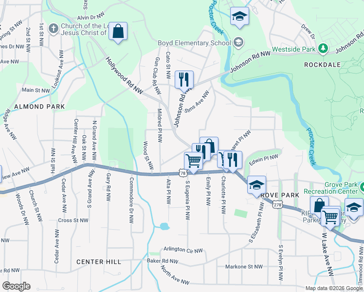 map of restaurants, bars, coffee shops, grocery stores, and more near 874 Hollywood Road Northwest in Atlanta
