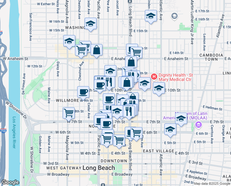 map of restaurants, bars, coffee shops, grocery stores, and more near 945 Locust Avenue in Long Beach