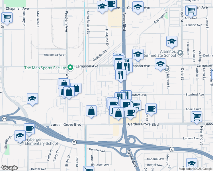 map of restaurants, bars, coffee shops, grocery stores, and more near 7735 Moordale Circle in Stanton