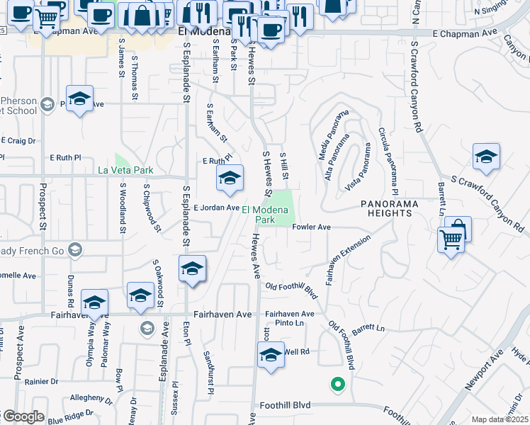 map of restaurants, bars, coffee shops, grocery stores, and more near 555 South Hewes Street in Orange