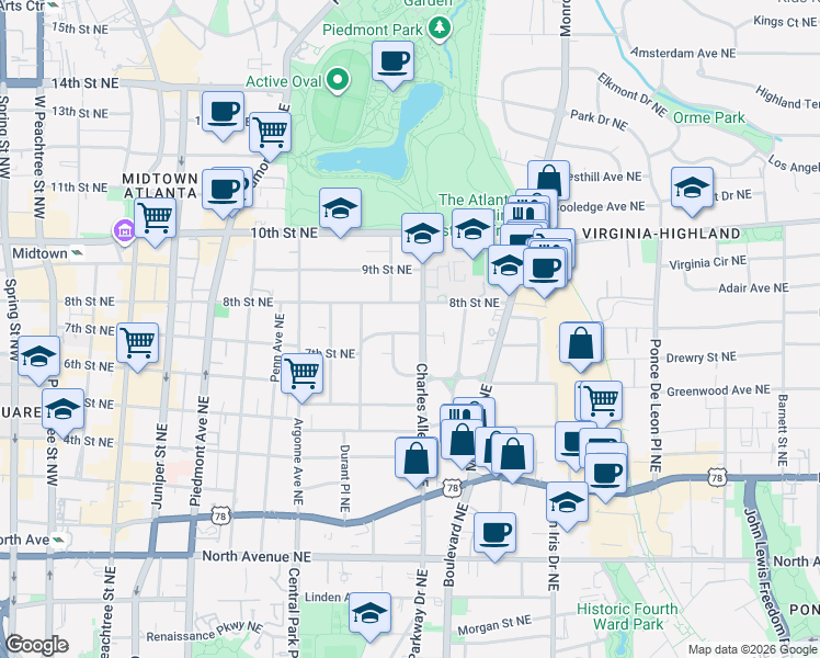 map of restaurants, bars, coffee shops, grocery stores, and more near 421 7th Street Northeast in Atlanta