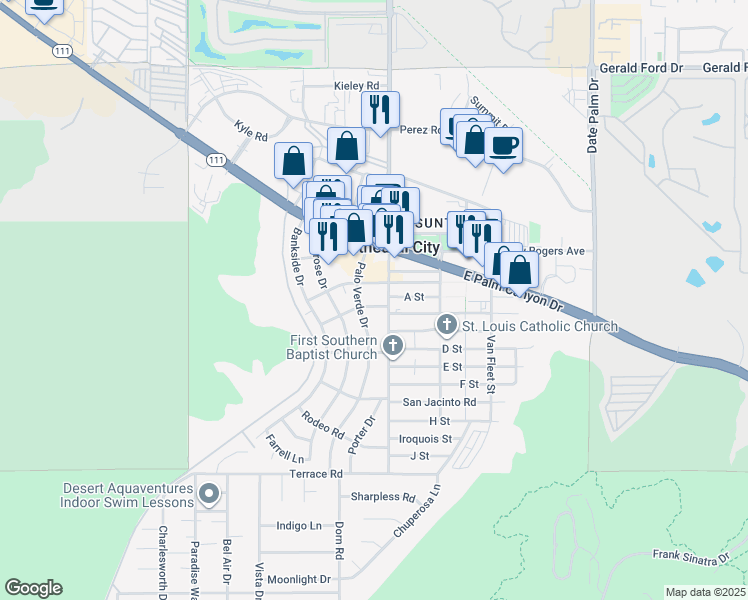 map of restaurants, bars, coffee shops, grocery stores, and more near 68460 Kings Road in Cathedral City