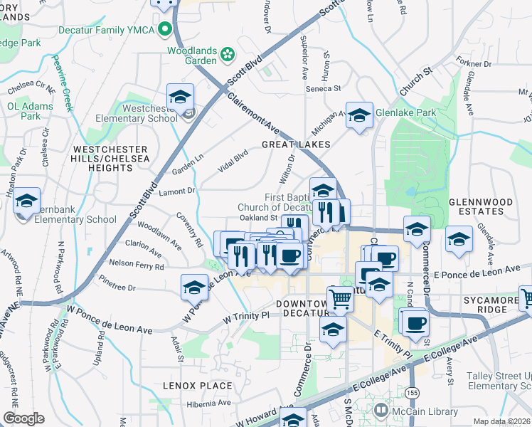 map of restaurants, bars, coffee shops, grocery stores, and more near 205 Oakland Street in Decatur