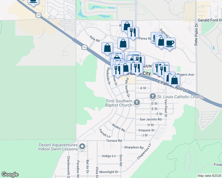map of restaurants, bars, coffee shops, grocery stores, and more near Bankside Drive in Cathedral City