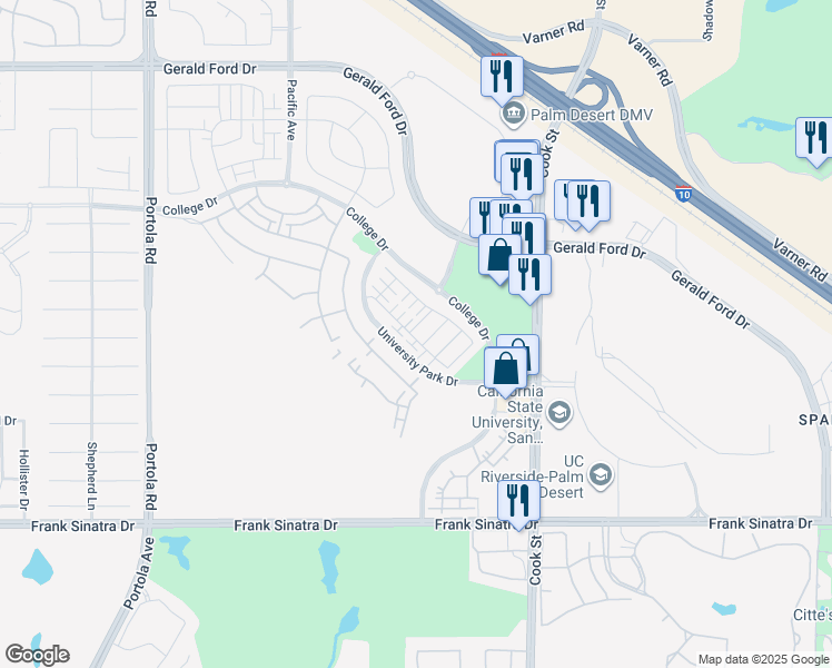 map of restaurants, bars, coffee shops, grocery stores, and more near 76273 Cornell Way in Palm Desert