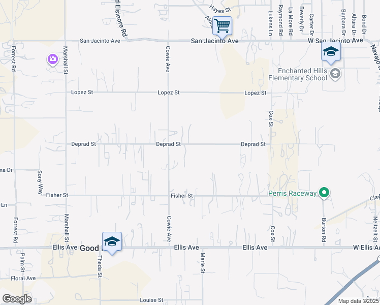 map of restaurants, bars, coffee shops, grocery stores, and more near 22615 Deprad Street in Perris