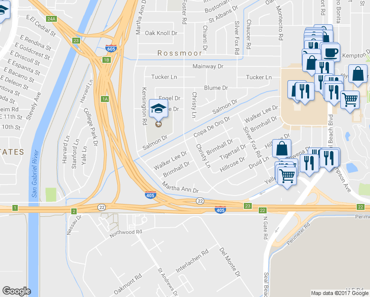 map of restaurants, bars, coffee shops, grocery stores, and more near 12651 Foster Road in Los Alamitos