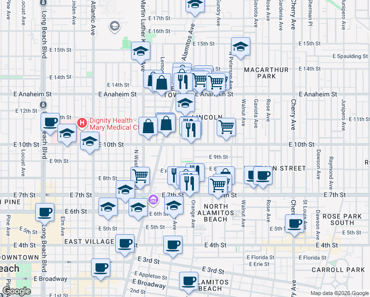 map of restaurants, bars, coffee shops, grocery stores, and more near 922 East San Pablo Court in Long Beach