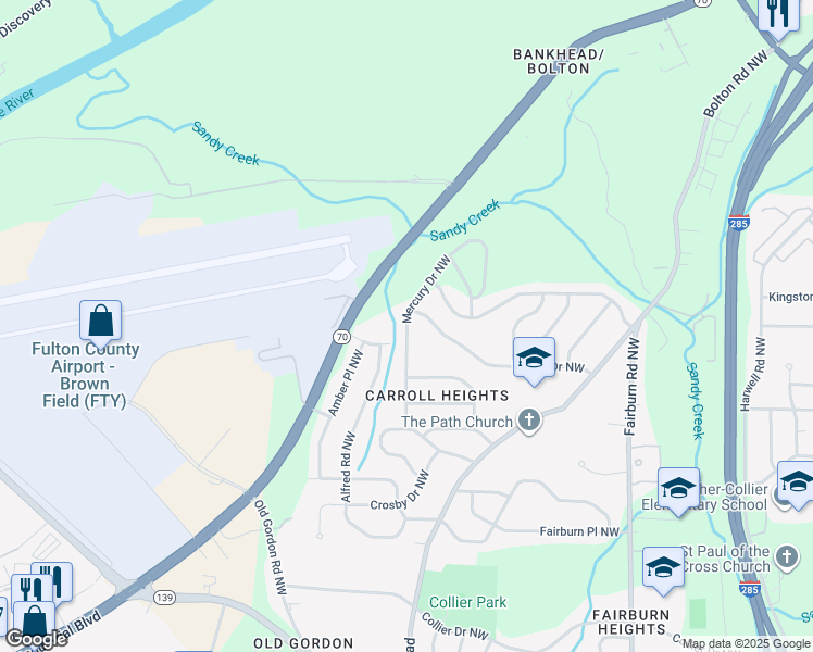 map of restaurants, bars, coffee shops, grocery stores, and more near 896 Mercury Drive Northwest in Atlanta