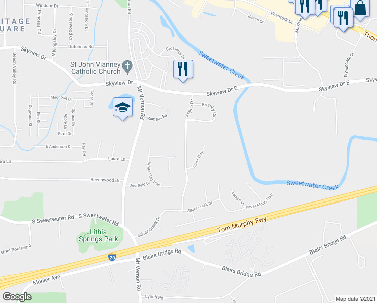 map of restaurants, bars, coffee shops, grocery stores, and more near 968 Aspen Drive in Lithia Springs