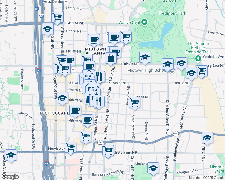 map of restaurants, bars, coffee shops, grocery stores, and more near 875 Piedmont Avenue Northeast in Atlanta