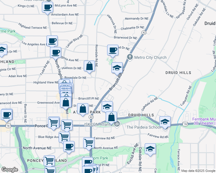 map of restaurants, bars, coffee shops, grocery stores, and more near 872 Briarcliff Road Northeast in Atlanta