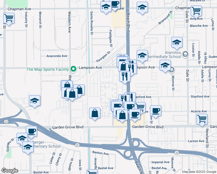 map of restaurants, bars, coffee shops, grocery stores, and more near 12614 Moordale Circle in Stanton