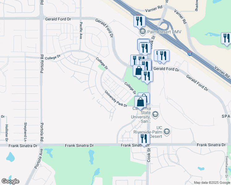 map of restaurants, bars, coffee shops, grocery stores, and more near 76273 Cornell Way in Palm Desert
